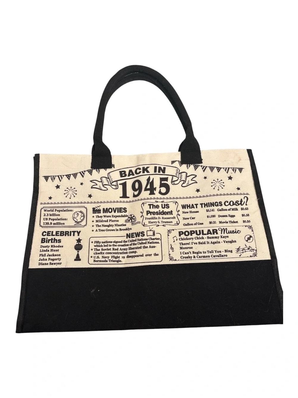 Vintage 1945 Limited Edition Canvas Tote Bag - Black & Cream Reusable Shopper